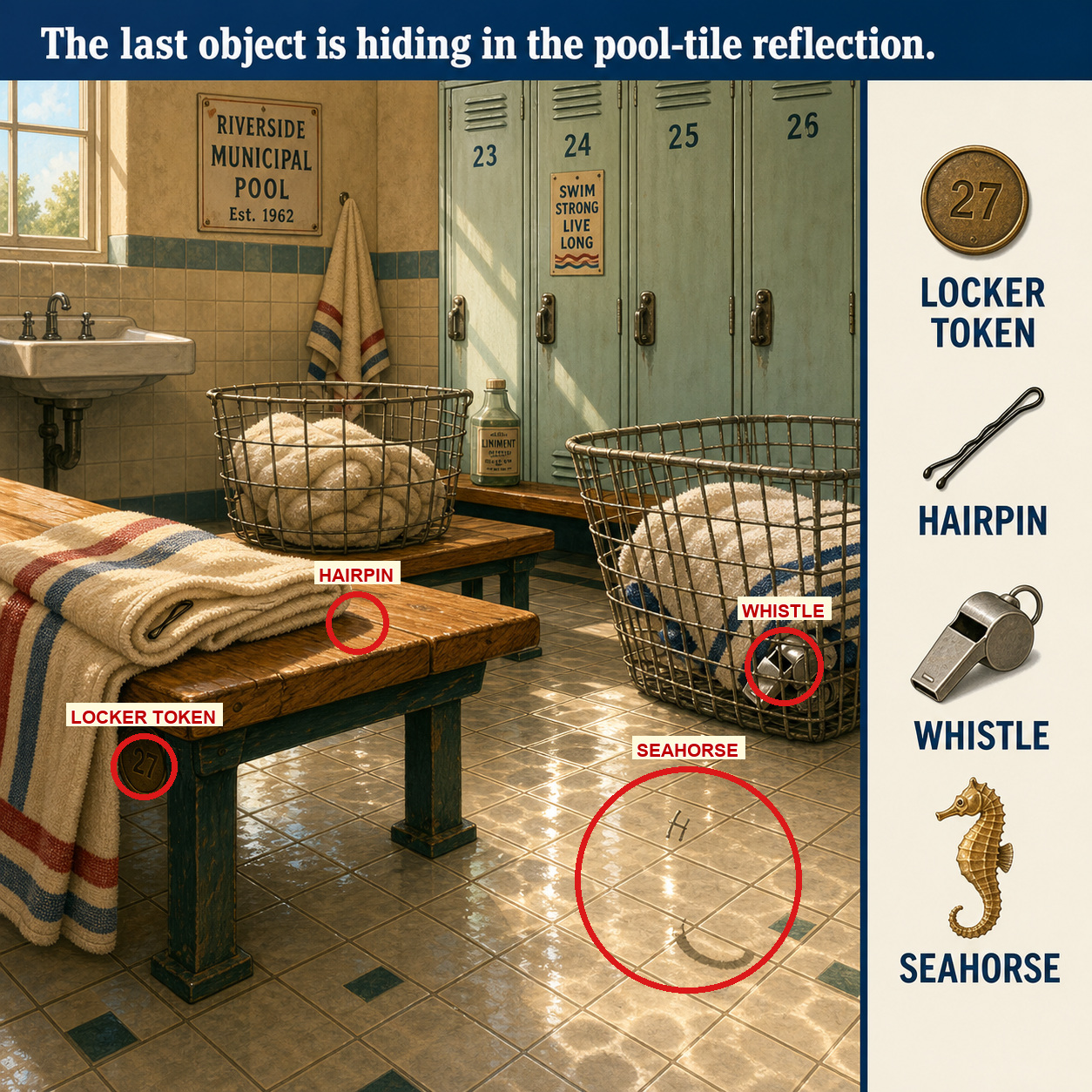 Answer: Four Hidden Objects in the Pool Locker Room answer image