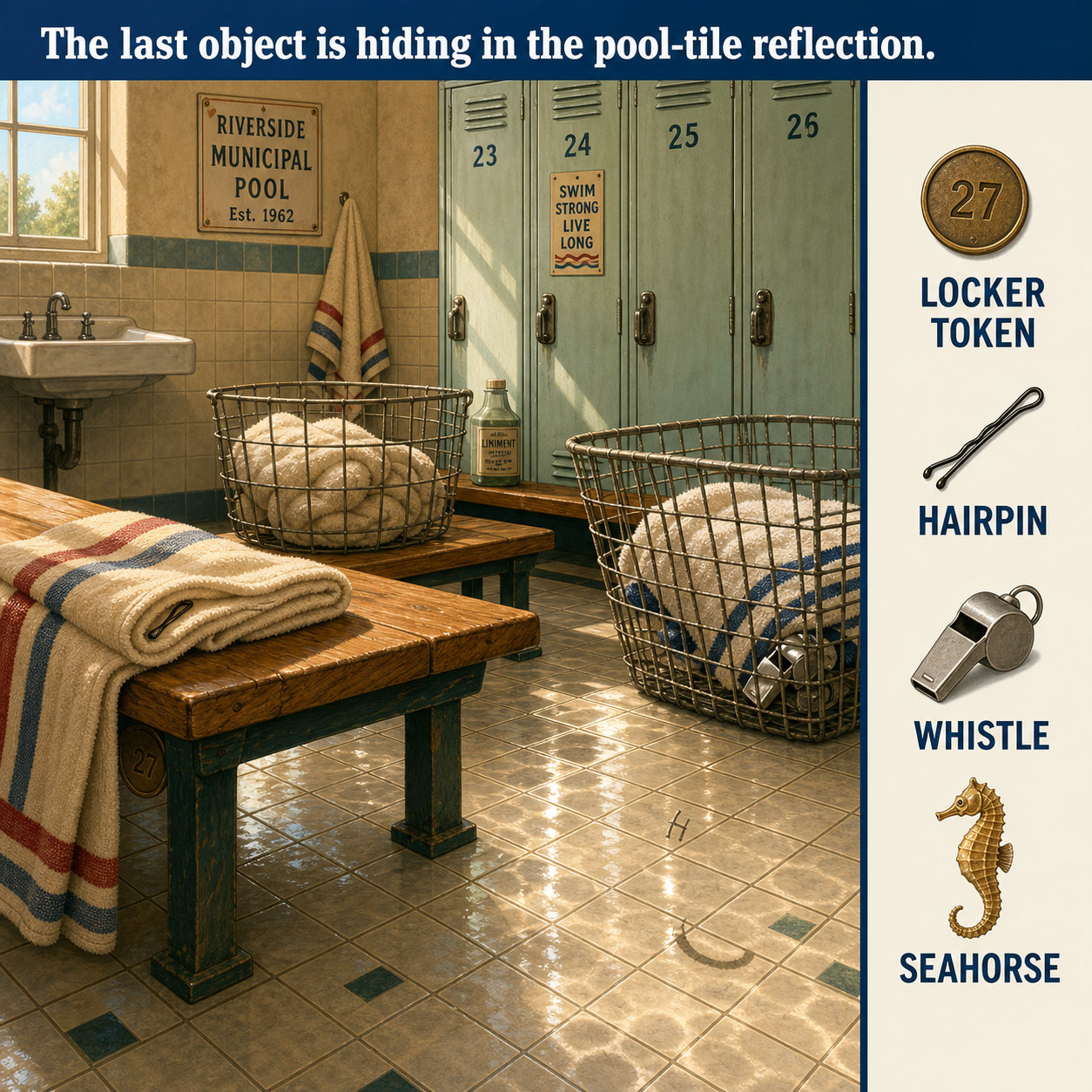 Answer: Four Hidden Objects in the Pool Locker Room