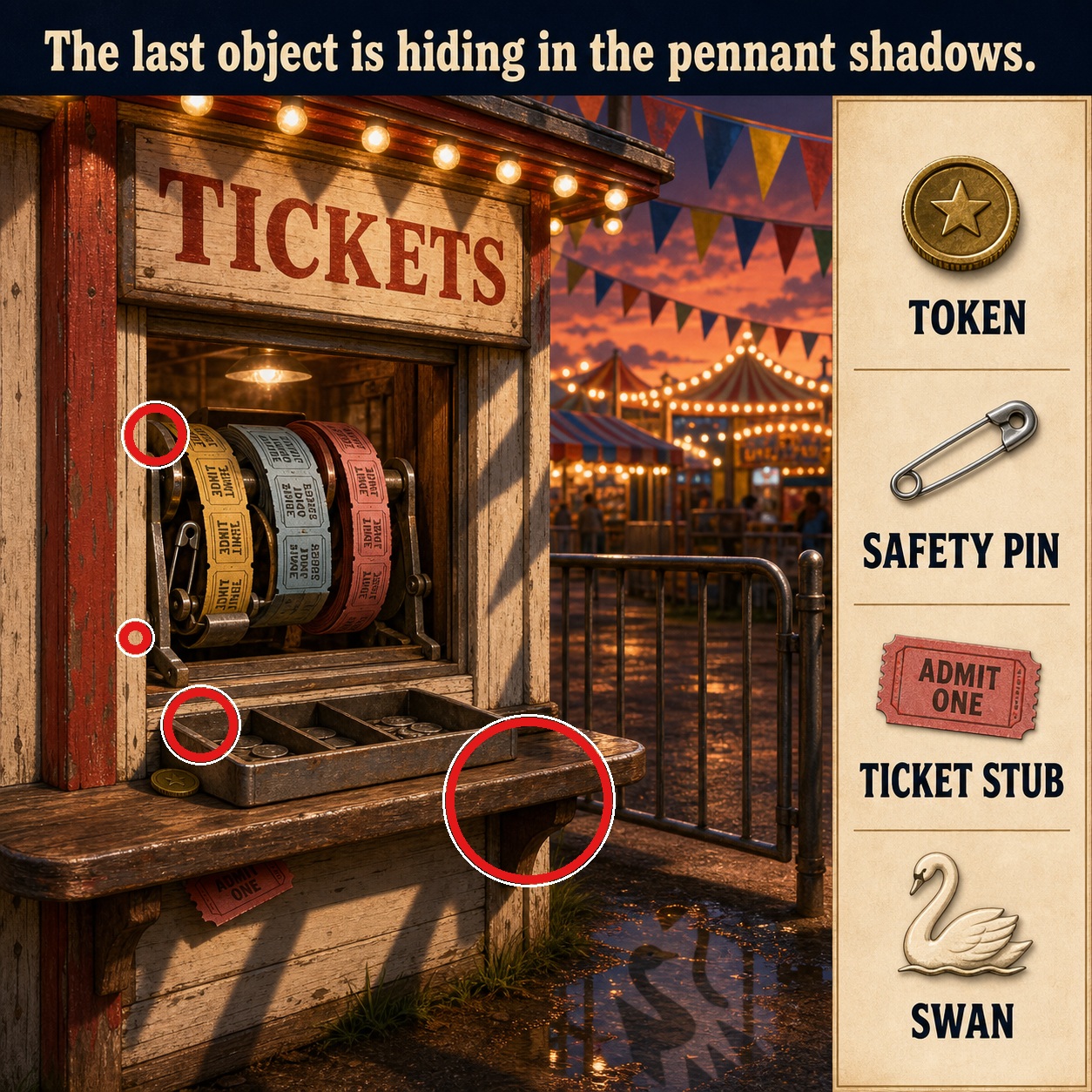 Answer: Four Hidden Objects at the County Fair Ticket Booth answer image