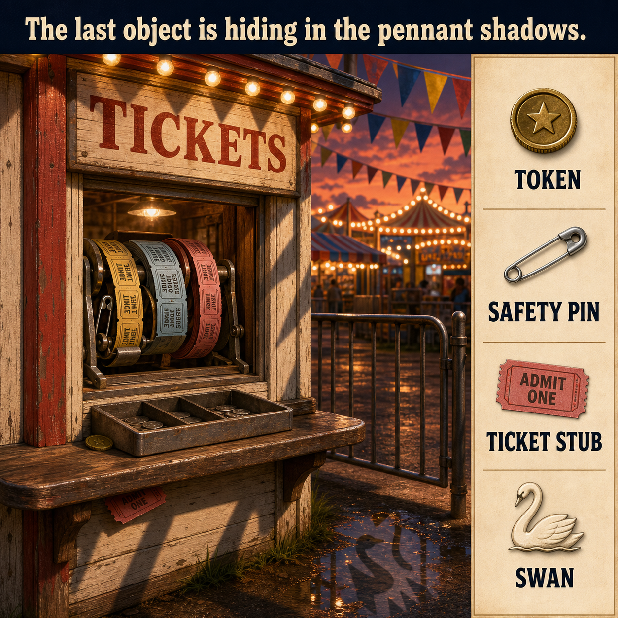 Answer: Four Hidden Objects at the County Fair Ticket Booth