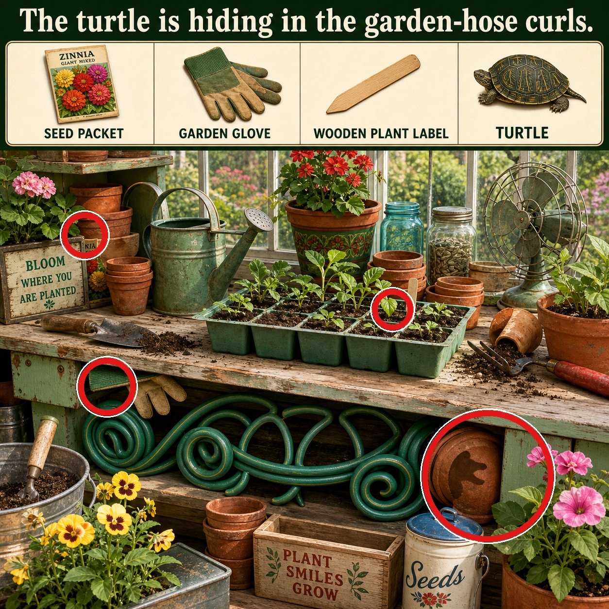 Answer: Four Hidden Objects on the Greenhouse Potting Bench answer image