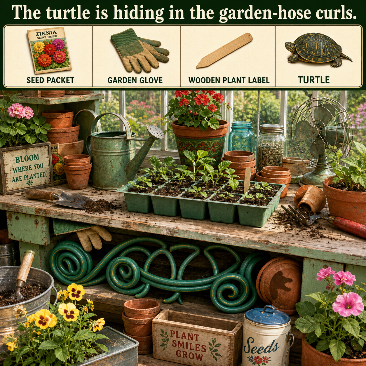 Answer: Four Hidden Objects on the Greenhouse Potting Bench