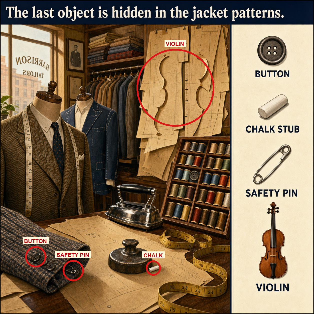 Answer: Four Hidden Objects in the Old Tailor Shop answer image