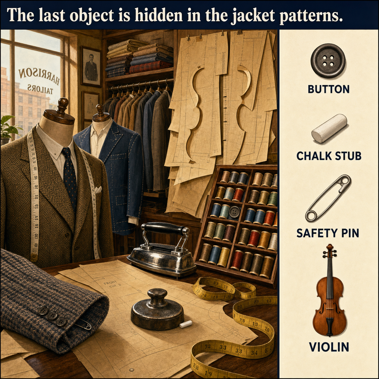 Answer: Four Hidden Objects in the Old Tailor Shop