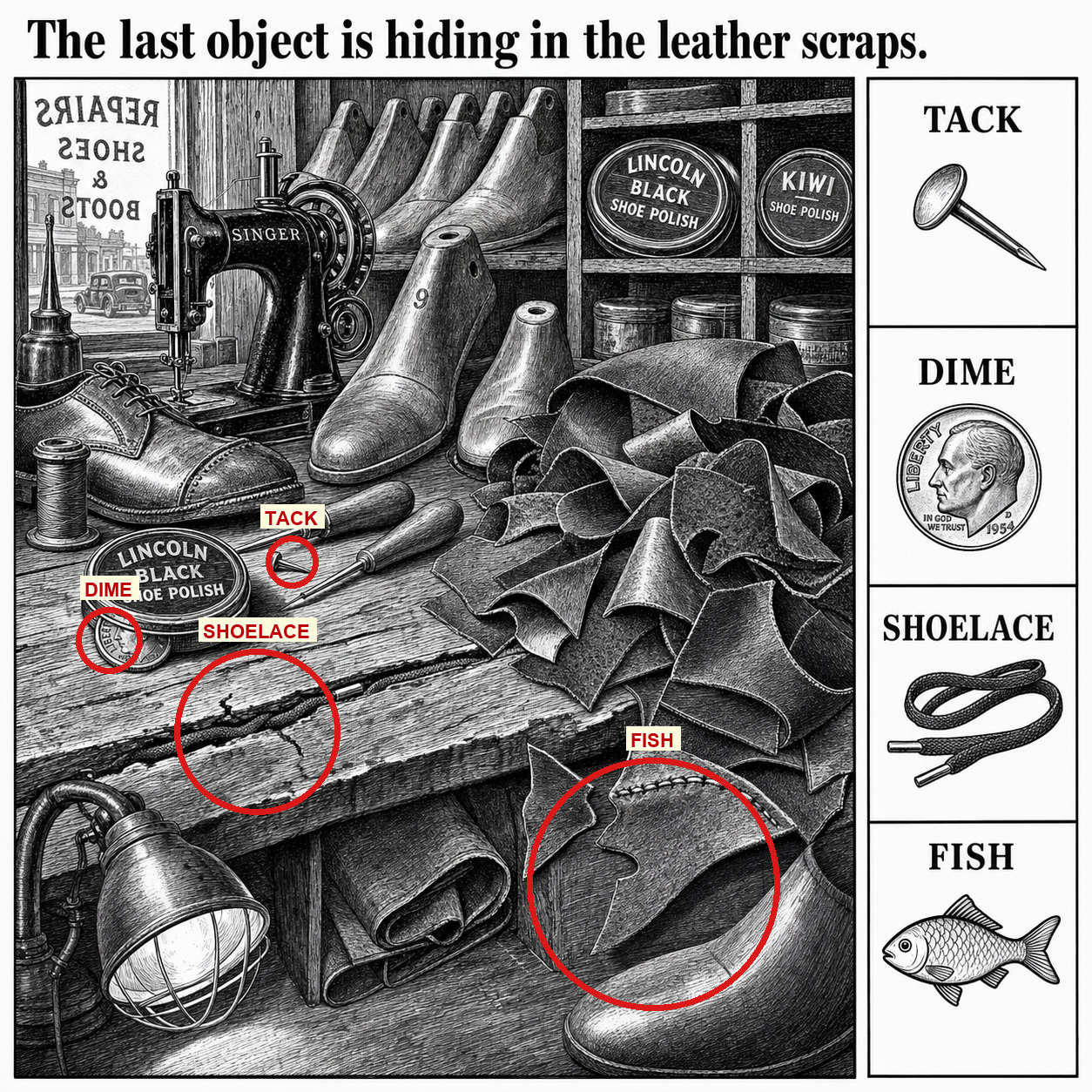 Answer: Four Hidden Objects in the Shoe Repair Shop answer image