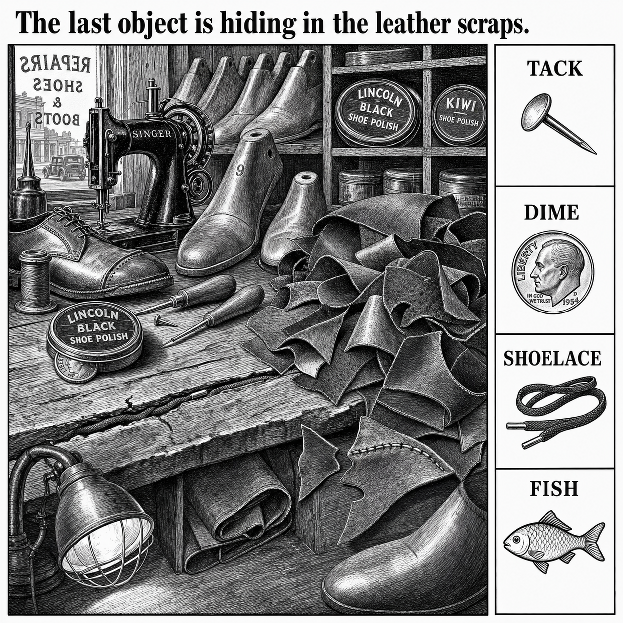 Answer: Four Hidden Objects in the Shoe Repair Shop