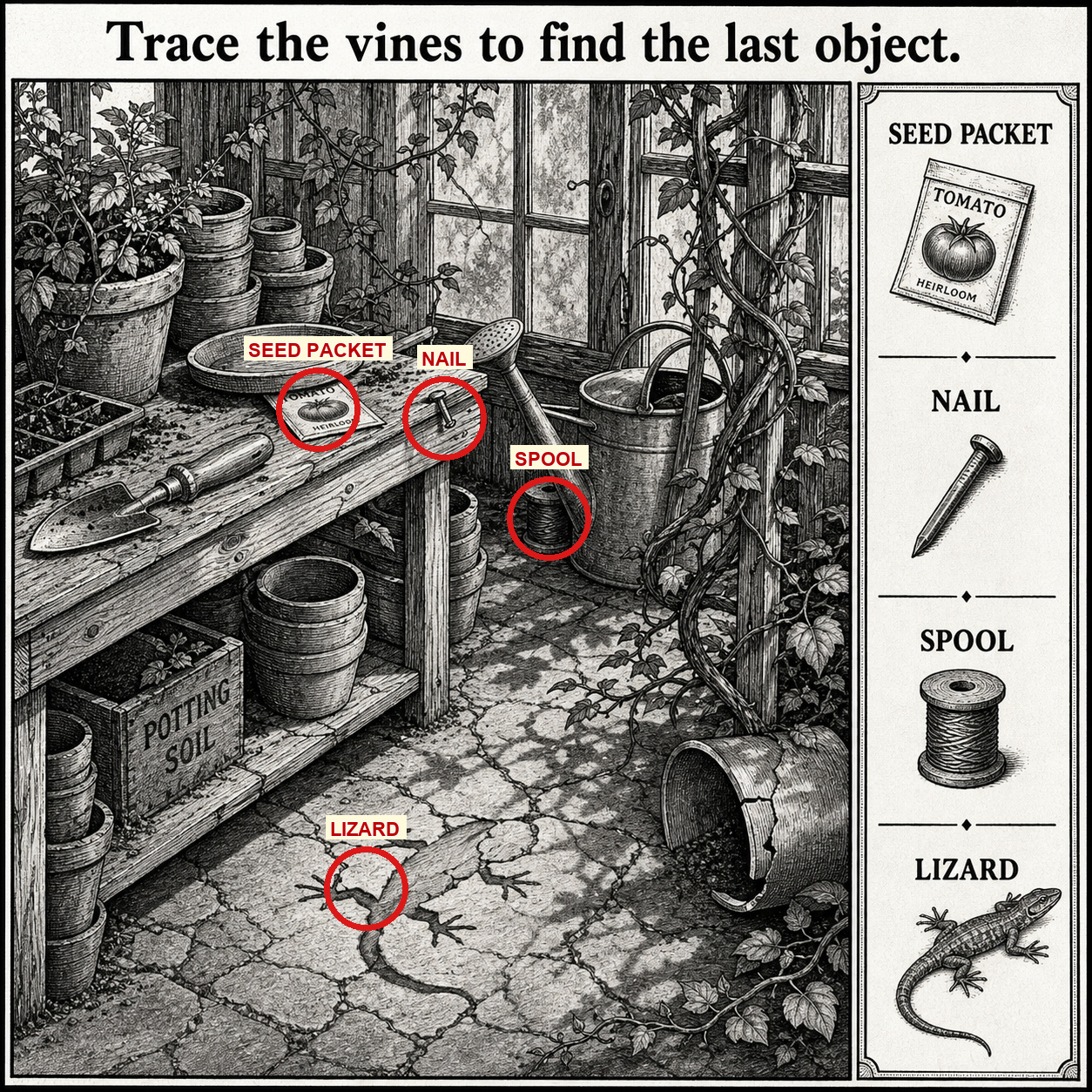 Answer: Four Hidden Objects in the Greenhouse Potting Shed answer image