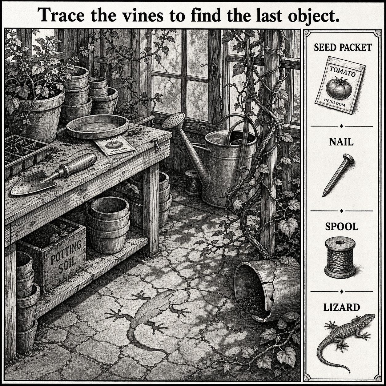 Answer: Four Hidden Objects in the Greenhouse Potting Shed