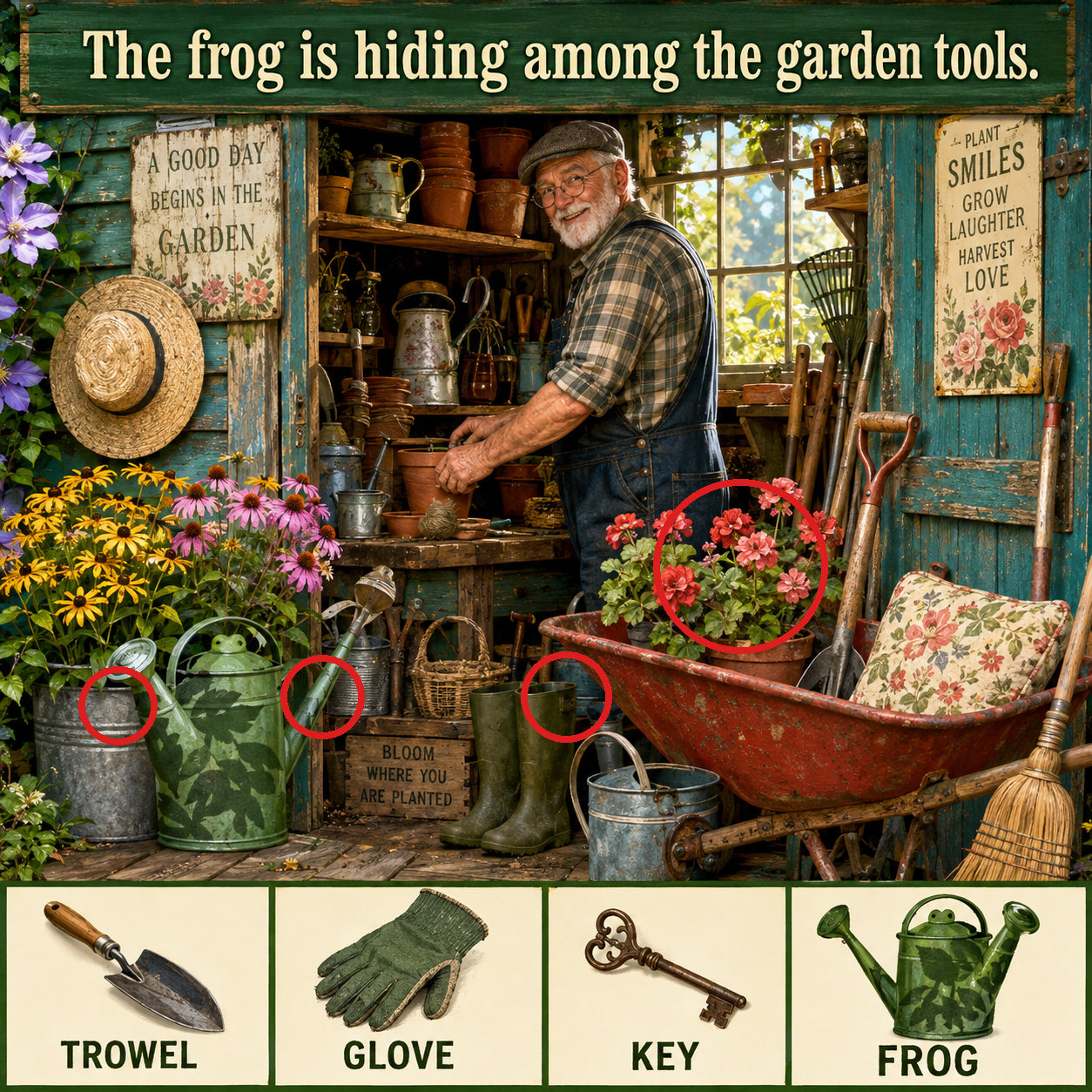 Answer: The Frog in the Vintage Garden Shed answer image