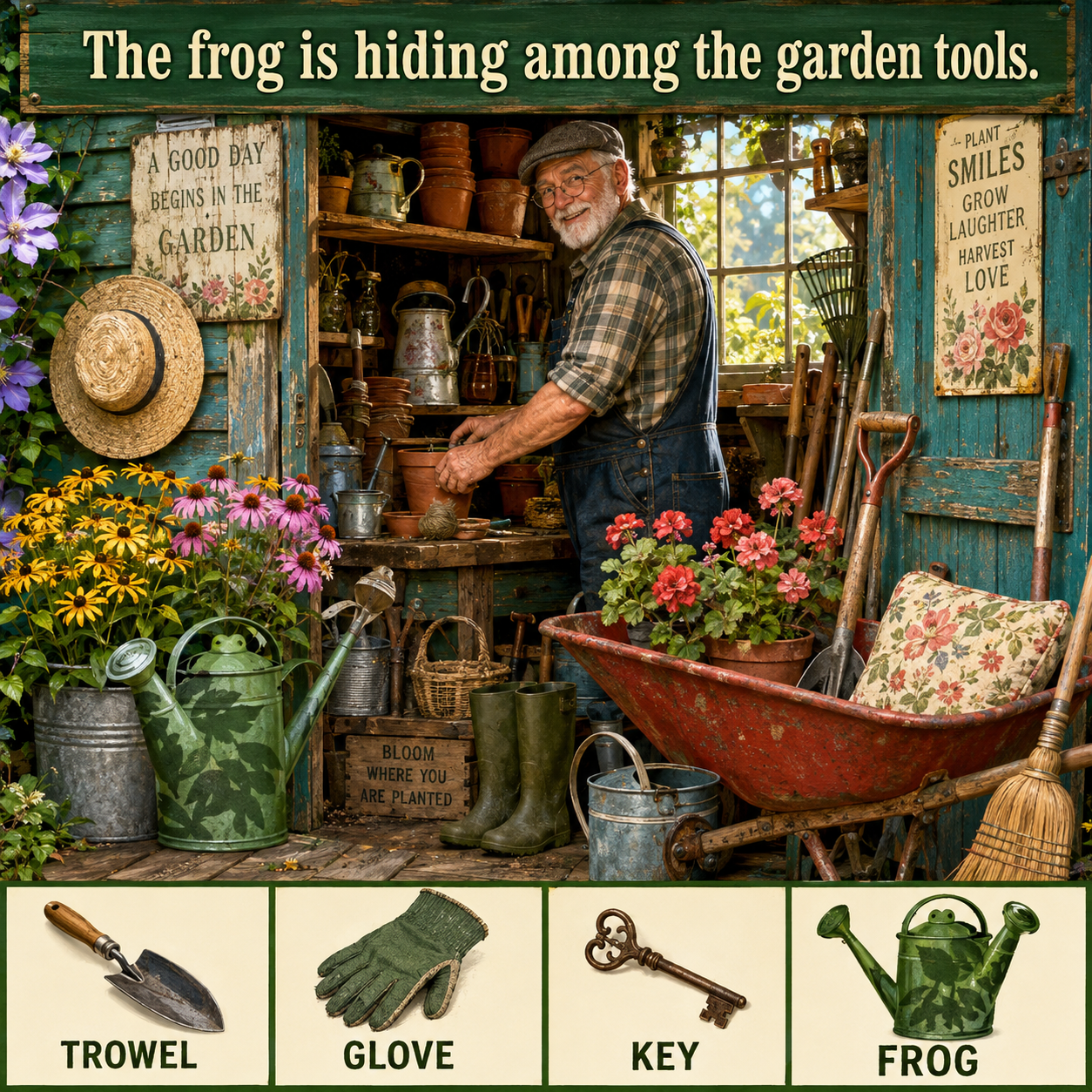 Answer: The Frog in the Vintage Garden Shed