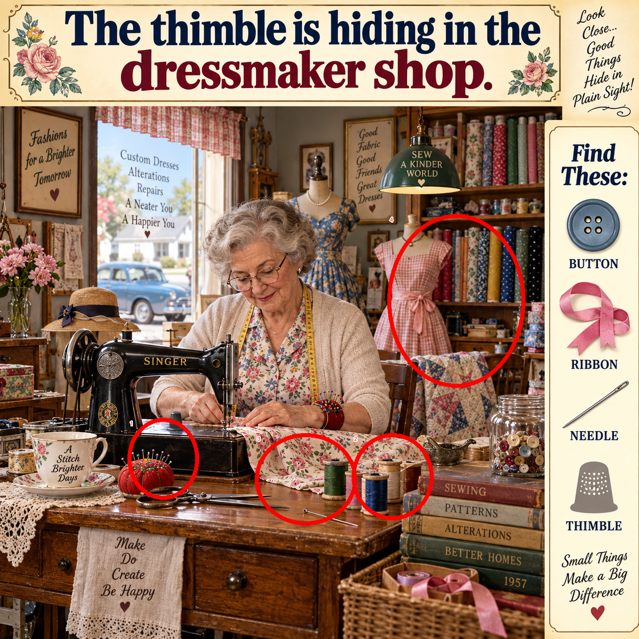 Answer: Hidden Thimble in the 1950s Dressmaker Shop answer image