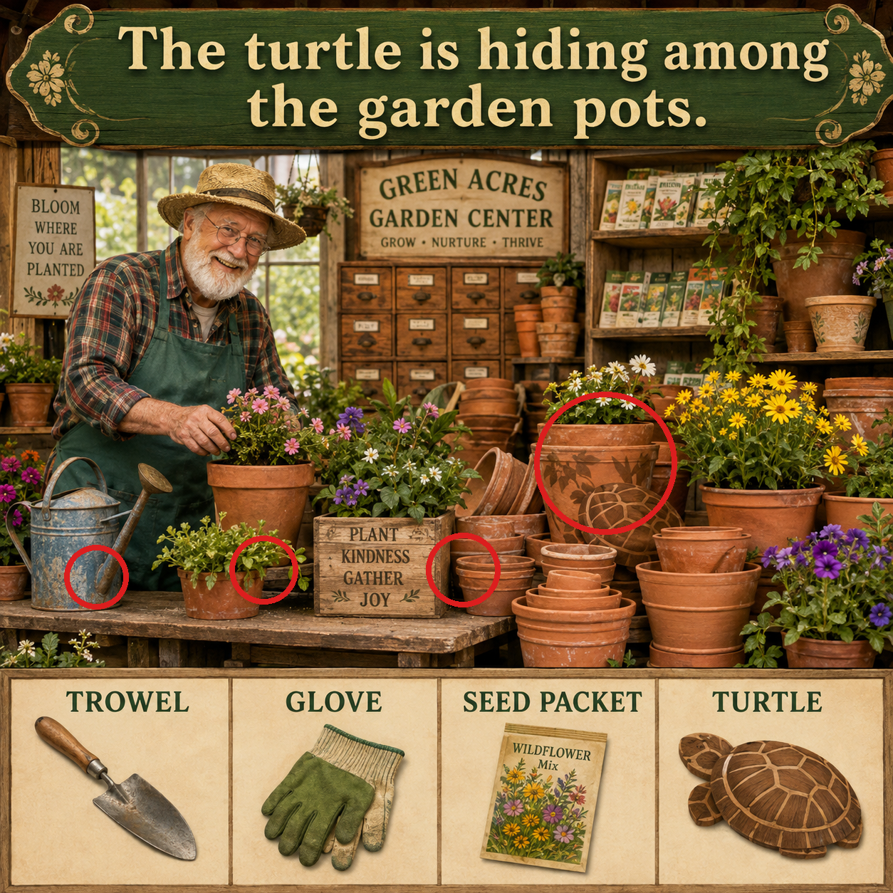 Answer: The Turtle in the Vintage Garden Center answer image