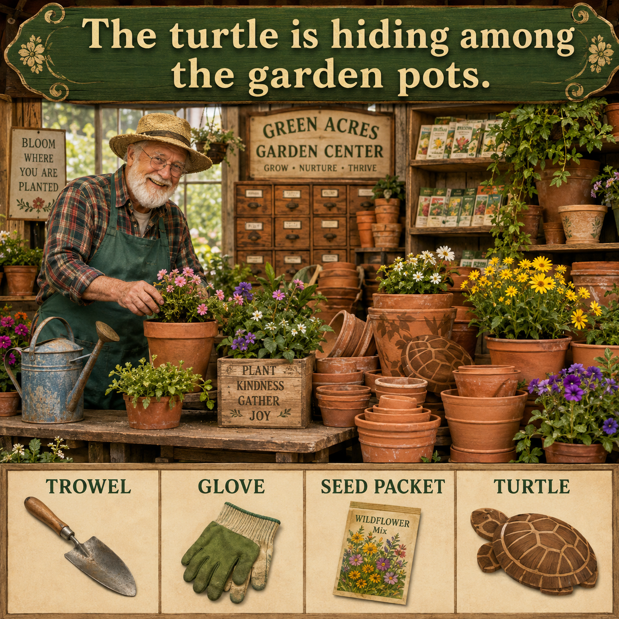 Answer: The Turtle in the Vintage Garden Center