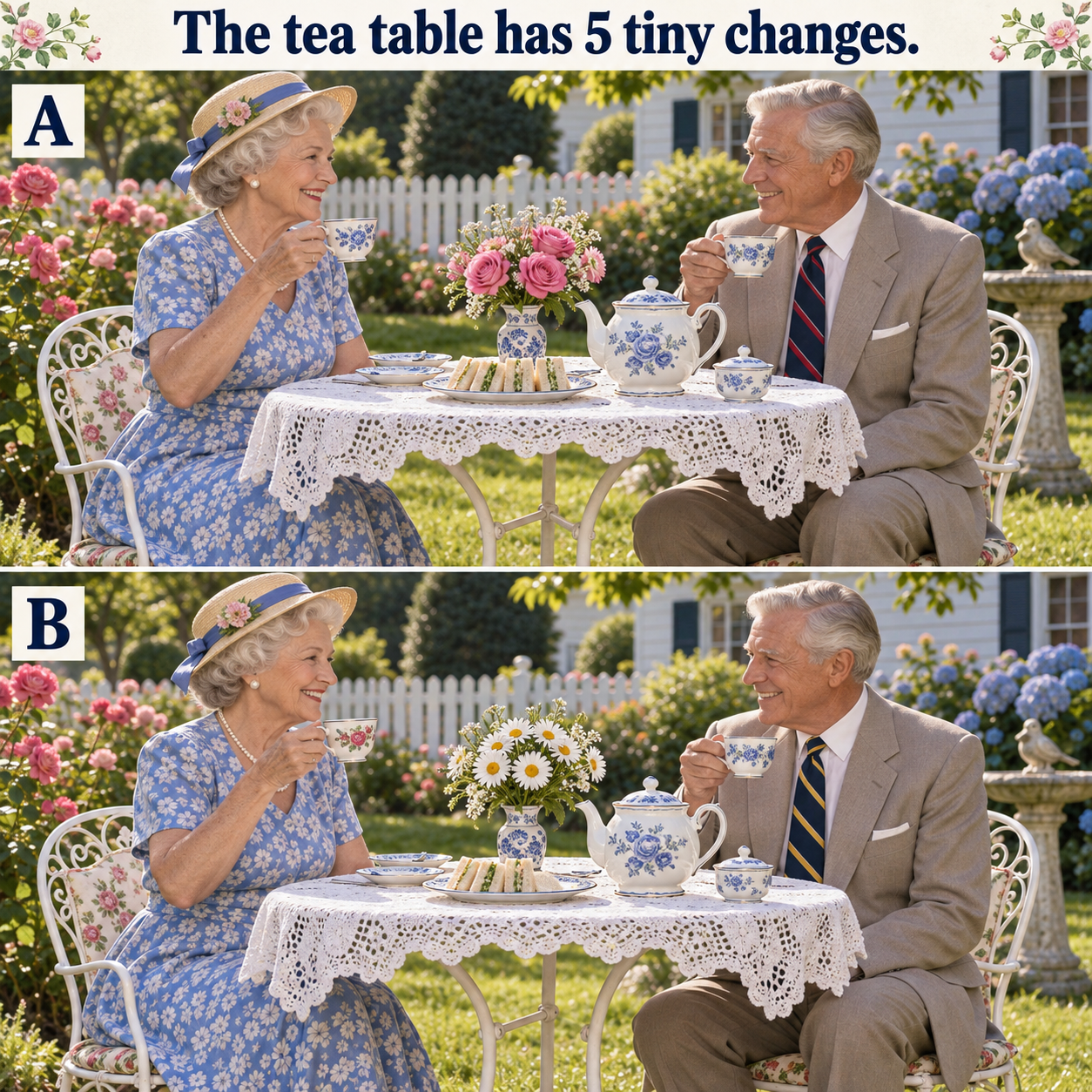 Answer: Five Changes at the Vintage Garden Tea Table