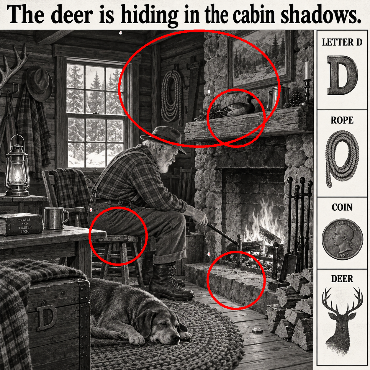 Answer: Hidden Deer in the 1930s Woodland Cabin answer image