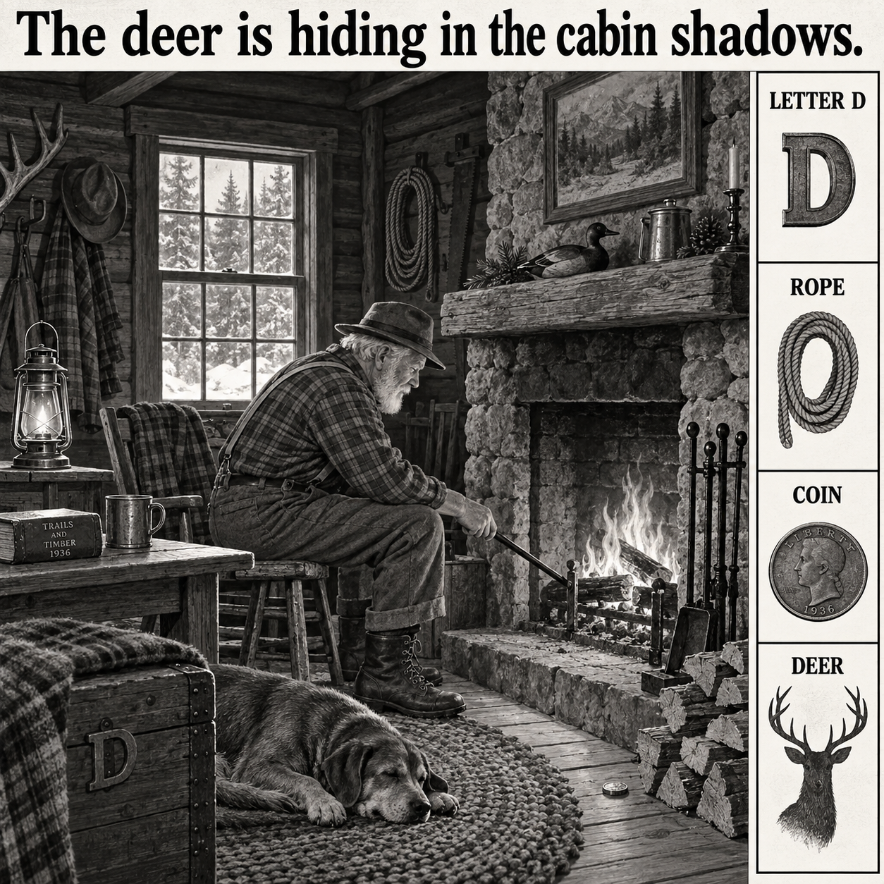 Answer: Hidden Deer in the 1930s Woodland Cabin
