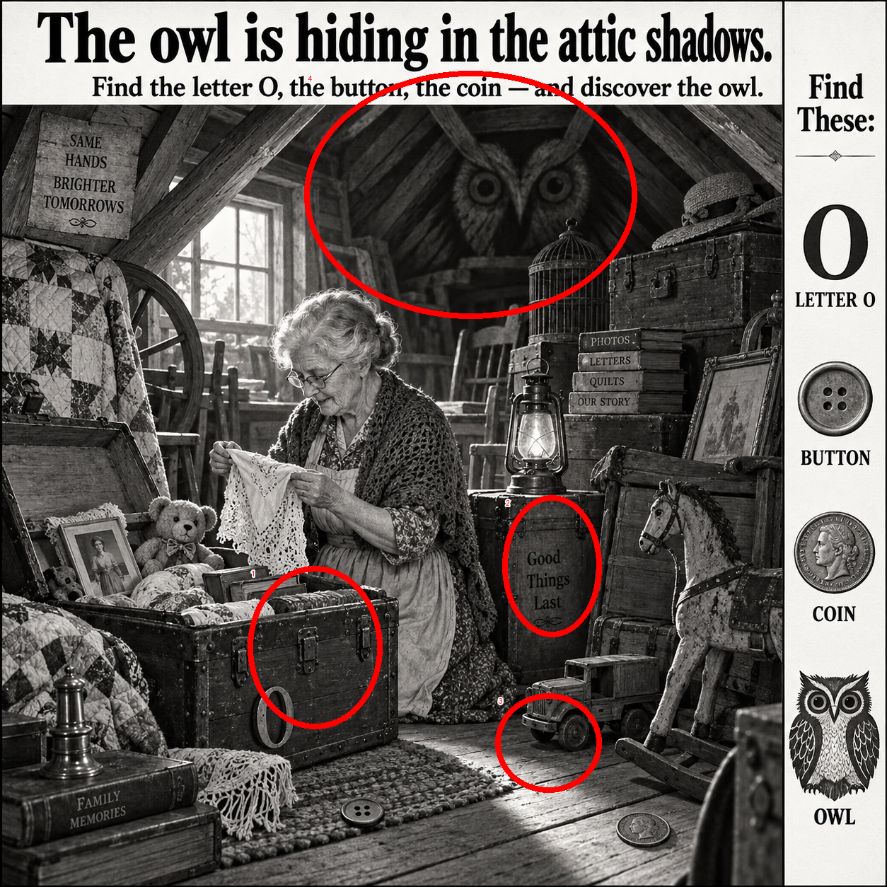 Answer: Hidden Owl in the 1930s Farmhouse Attic answer image