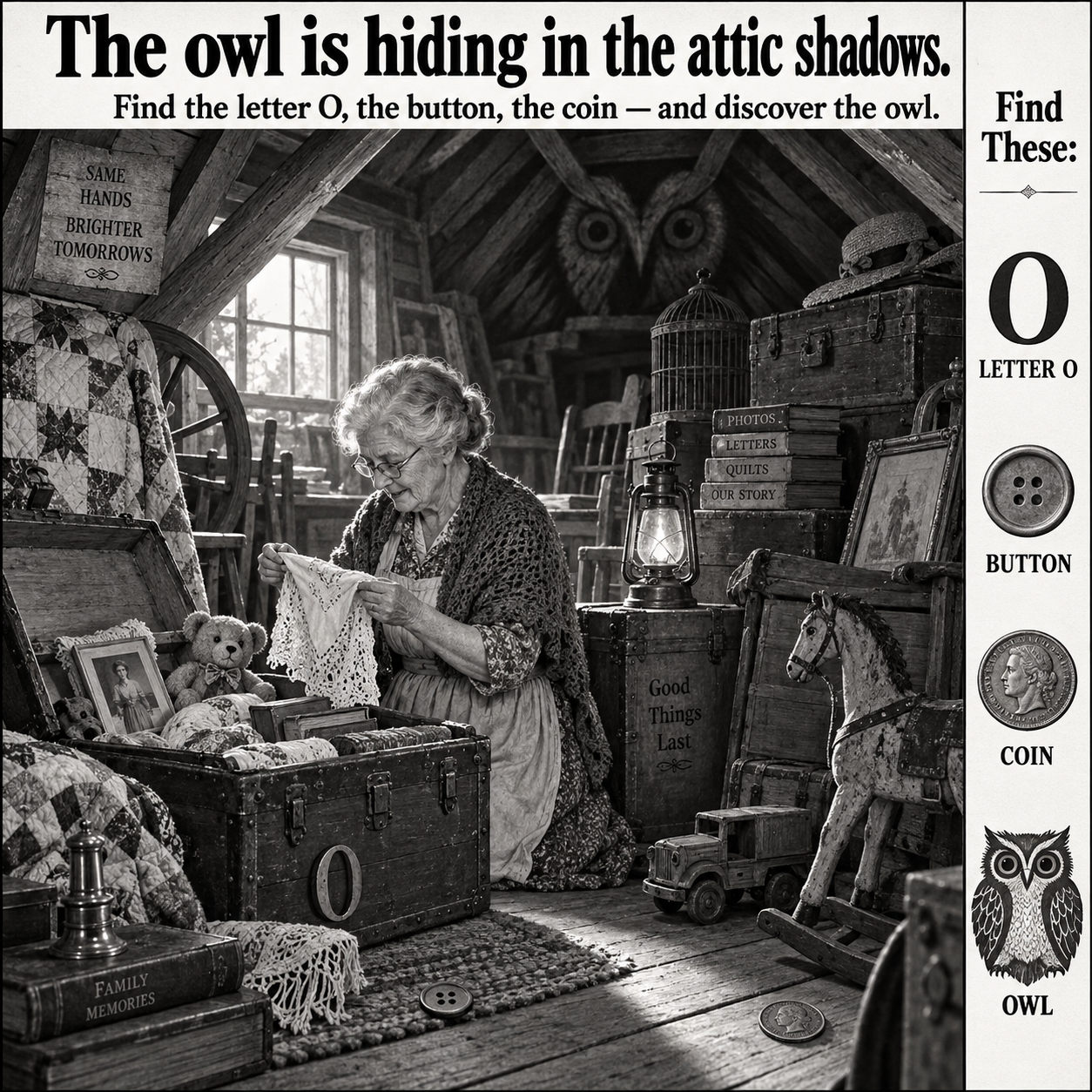 Answer: Hidden Owl in the 1930s Farmhouse Attic