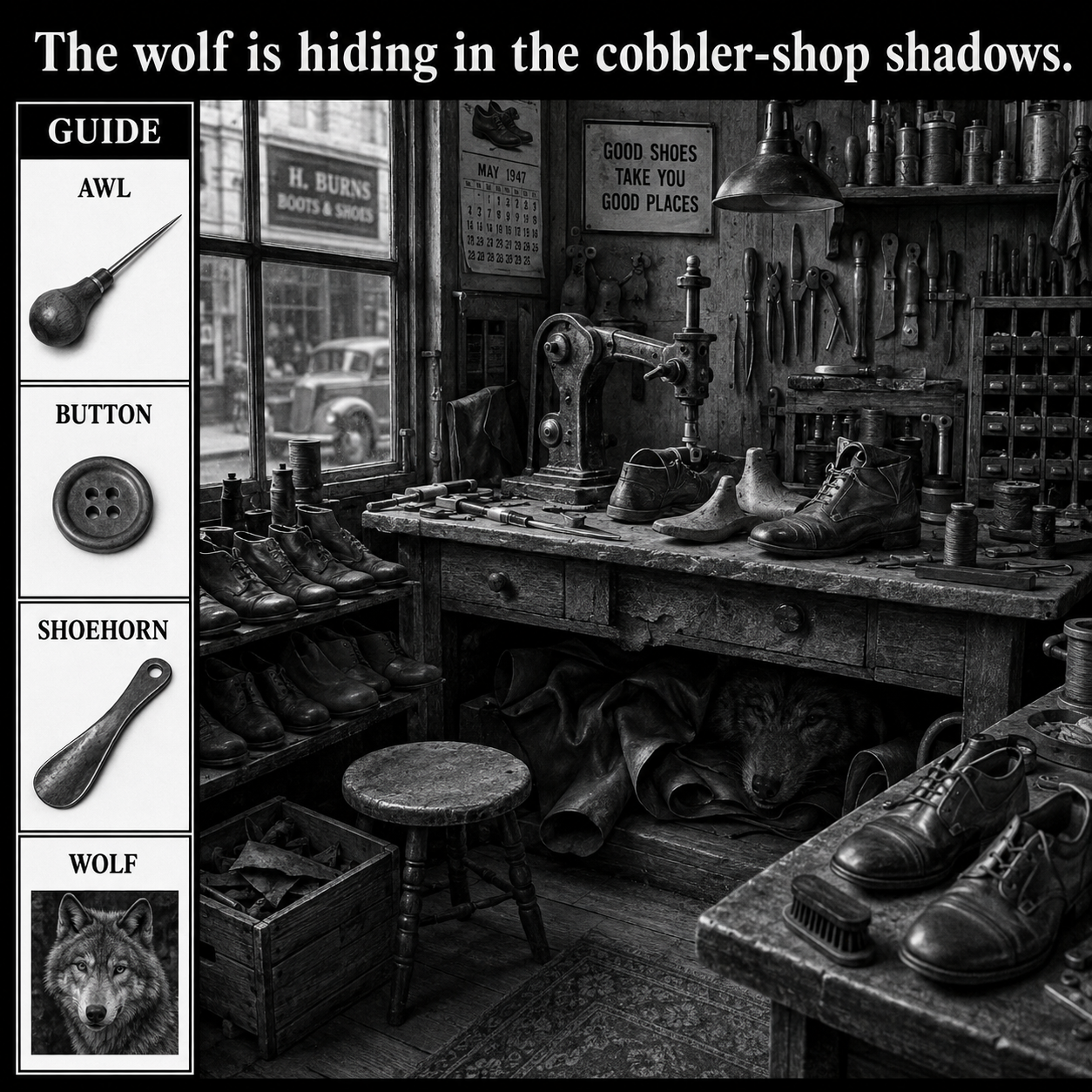 Answer: The Wolf in the Cobbler Workshop Puzzle