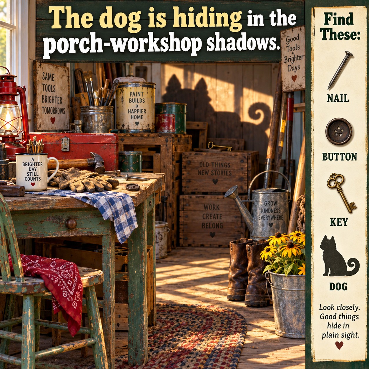 Answer: Hidden Dog in the Vintage Porch Workshop