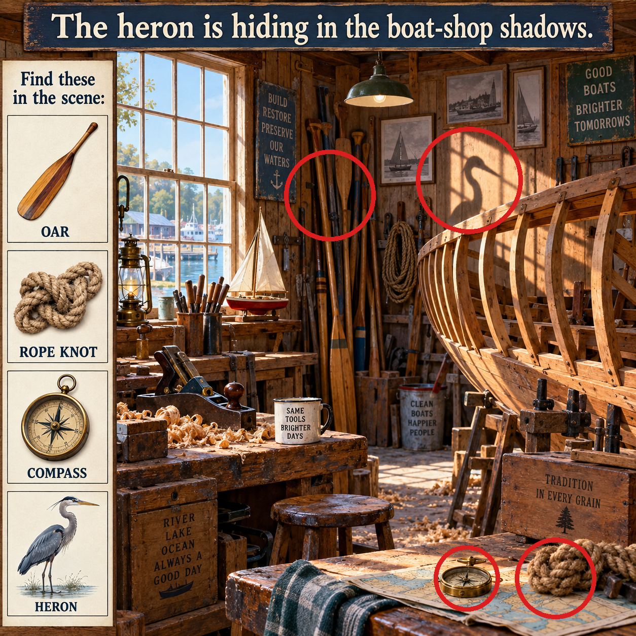 Answer: The Heron in the Vintage Boat Workshop answer image