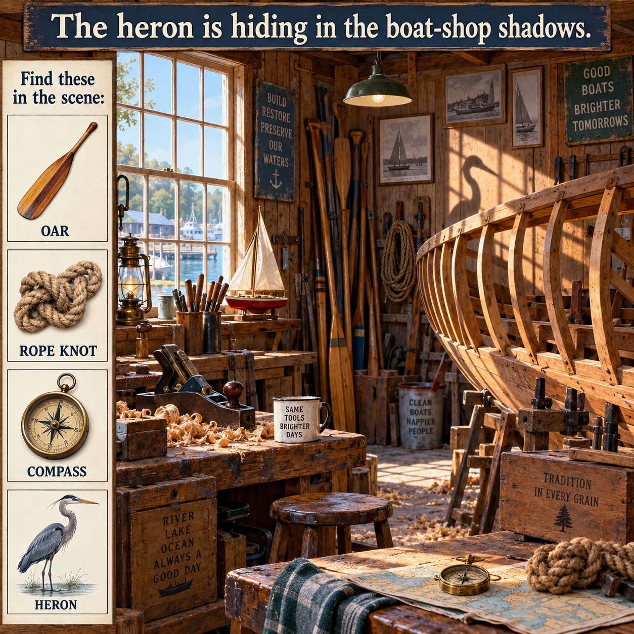 Answer: The Heron in the Vintage Boat Workshop