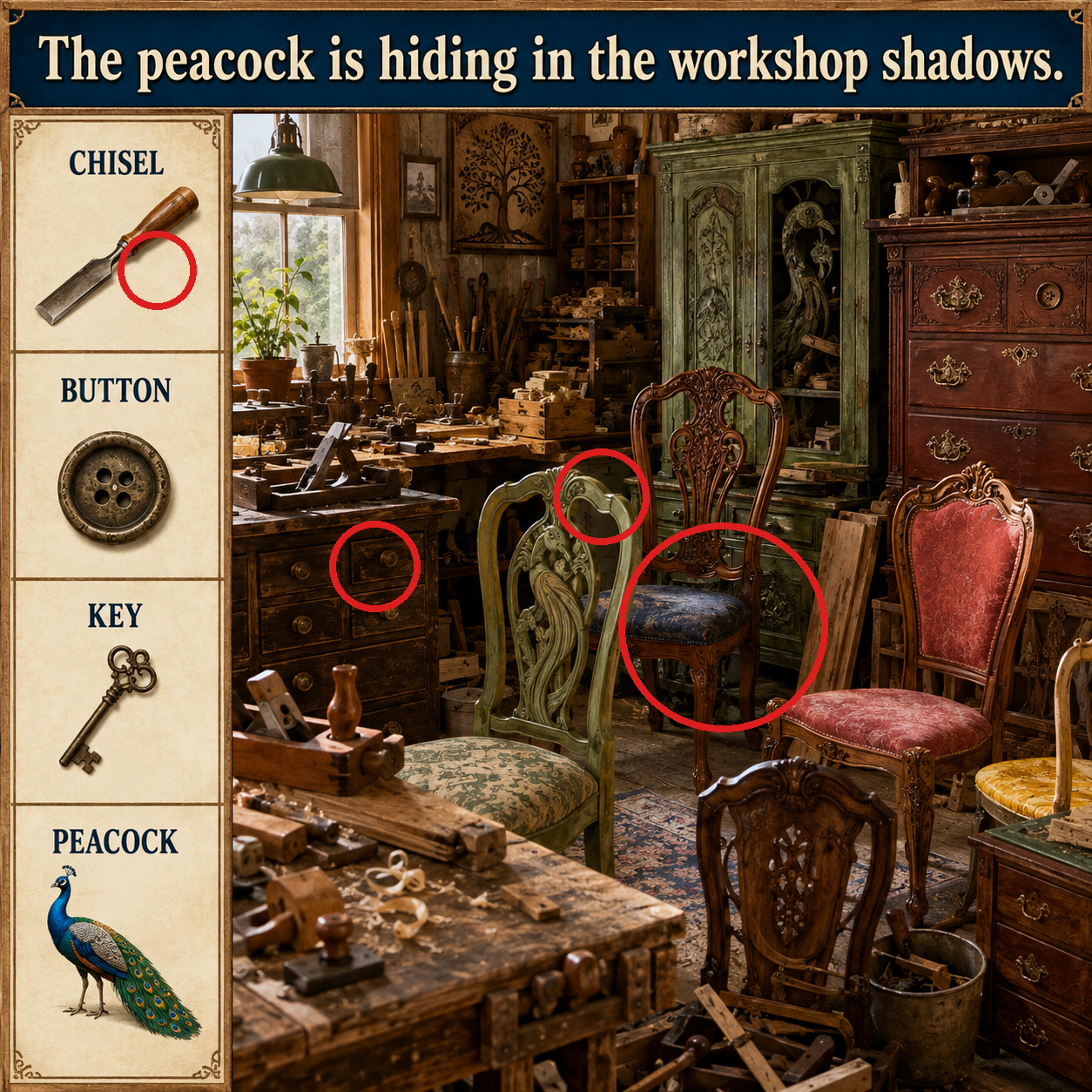 Answer: The Peacock in the Furniture Workshop answer image