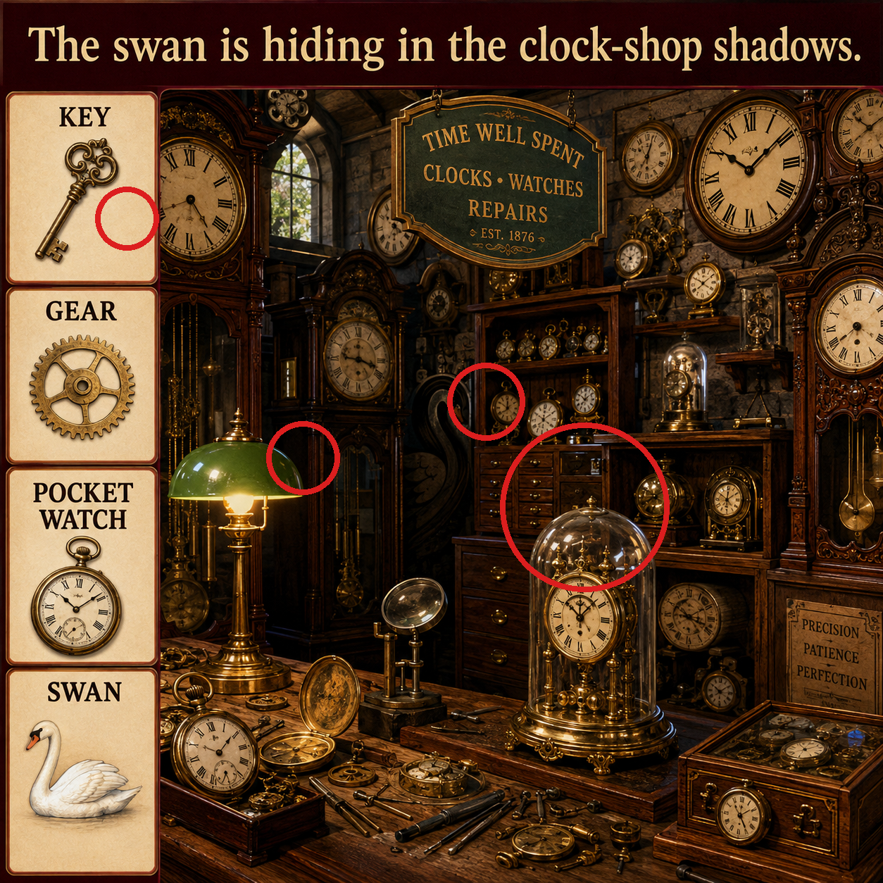 Answer: The Swan in the Vintage Clock Shop answer image