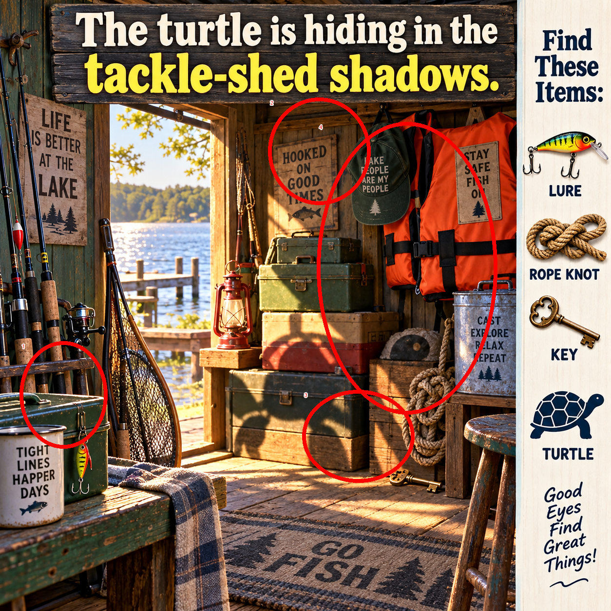 Answer: Hidden Turtle in the Lakeside Tackle Shed answer image