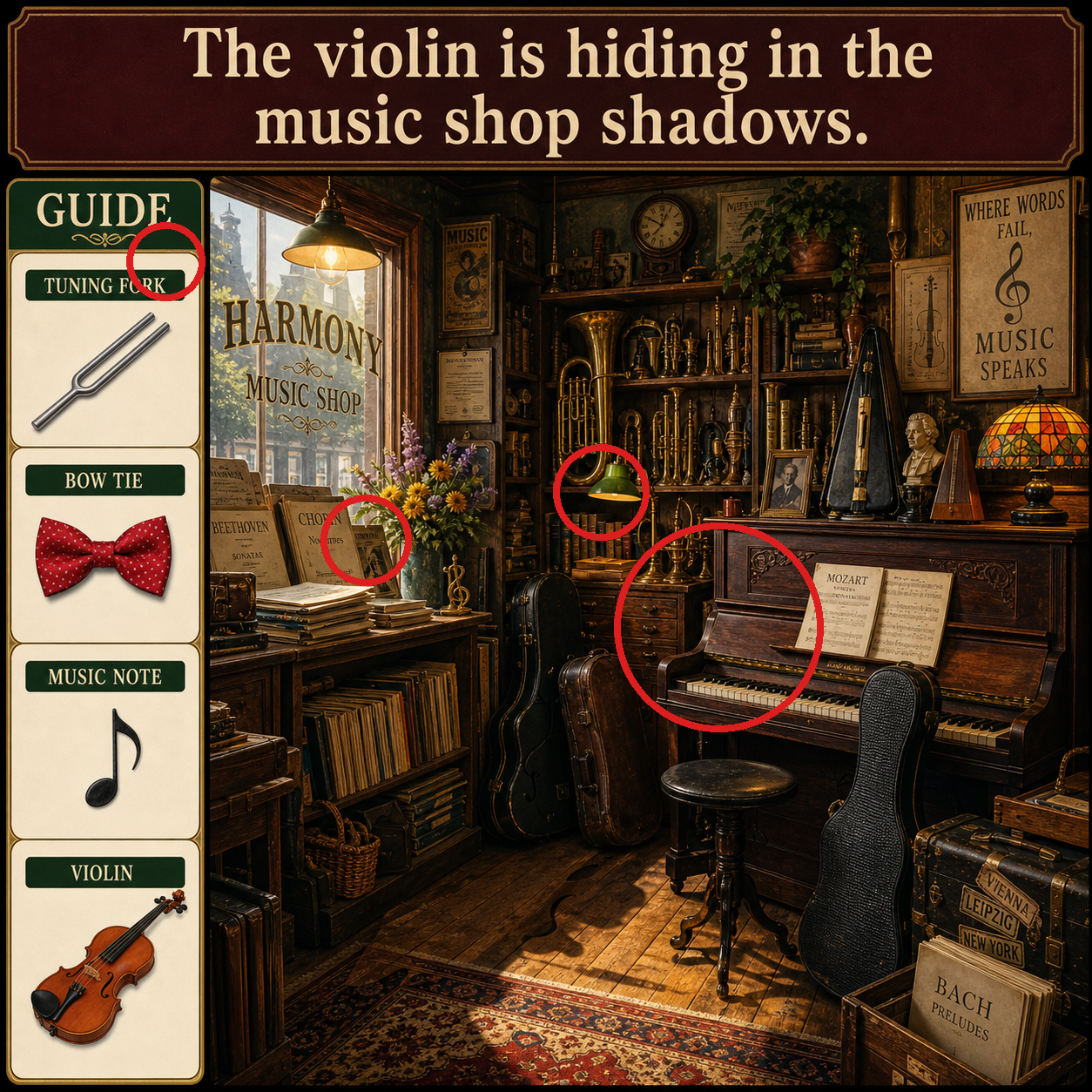 Answer: The Violin in the Old Music Shop answer image
